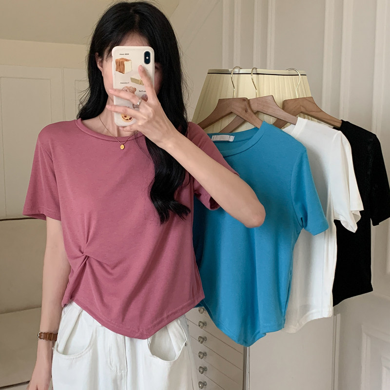 夏季圆领修身不规则短款t恤女短袖设计感小众纯欲别致上衣服ins潮