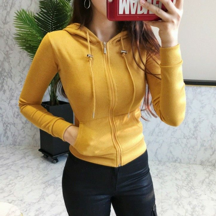 韩国秋冬跑步连帽紧身卫衣 女款修身显瘦拉链开衫学生短外套上衣