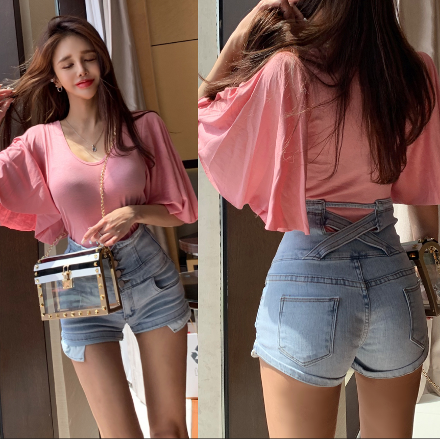 热销超短裤 热裤 镂空_性感后背镂空高腰百搭牛仔短裤女 ins网红夏季