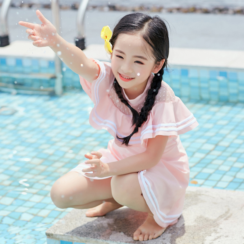 新款儿童泳衣女孩连体公主裙式平角中大童泳装学生可爱小孩游泳衣