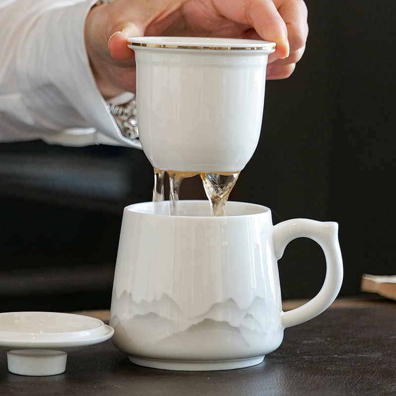 男女士带盖喝茶杯白瓷泡茶杯茶水分离喝水办公杯陶瓷大容量马克杯