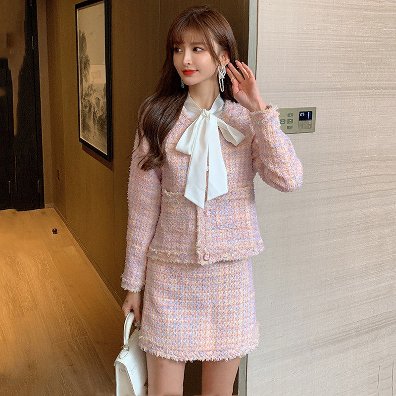 法式气质时尚小香香套装女粉色2022秋季新款温柔风外套半身裙两件