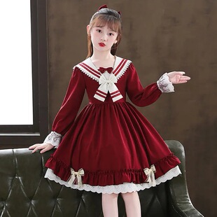 女童连衣裙公主裙春秋装新款儿童洛丽塔洋气复古长袖红色过年裙子