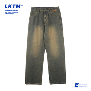 LKTM美式高街复古黄泥染做旧牛仔裤宽松直筒水洗vibe潮牌拖地长裤