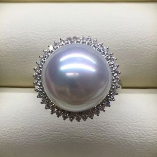 澳白珍珠戒指18K金镶钻13-14mm圆形冷光银白色海水珠南洋太阳花款
