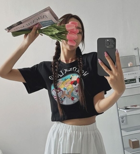 Cmy  korea韩国东大门正品女装 印染图案短款设计感短袖T恤
