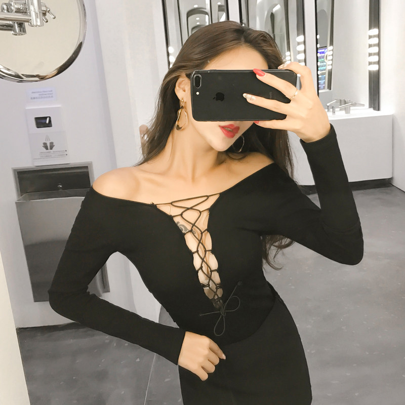 实拍实价 性感v领露胸透视低胸镂空交叉绑带抽绳长袖t恤上衣