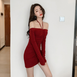 Sexy line neck off shoulder drawstring dress Hip Wrap Skirt