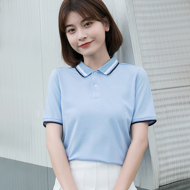 夏装工作服女短袖polo衫t恤定制logo蓝色幼儿园老师园服幼师工衣