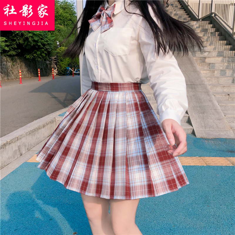 2021秋季新款jk制服裙套装少女初中高中学生衬衫红色格子裙两件套