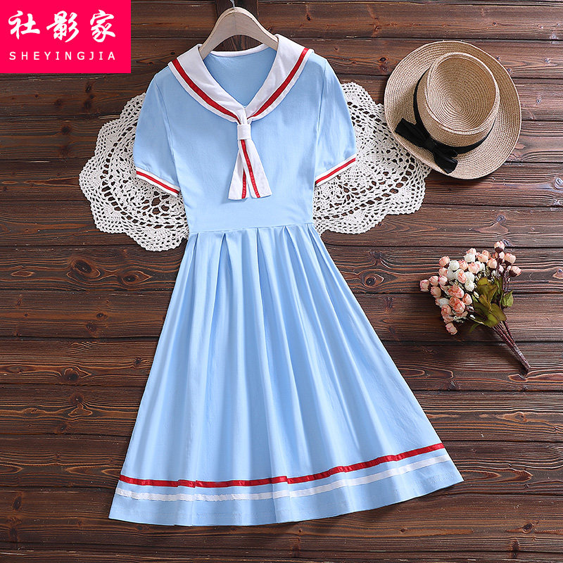 2021夏季新款海军领短袖连衣裙少女初中高中学生甜美修身a字裙子