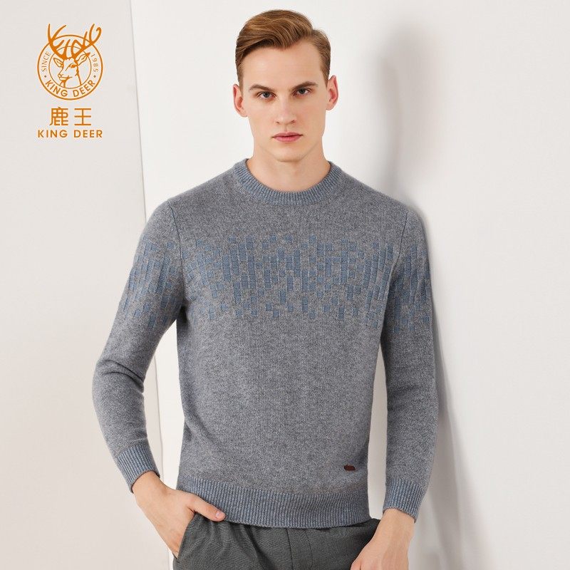 2021年冬季鹿王羊绒衫男100纯山羊绒加厚圆领套头休闲百搭针织衫
