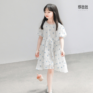 蔡爸爸童装2024新款夏装儿童女孩白色公主连衣裙浅蓝小花纱裙866