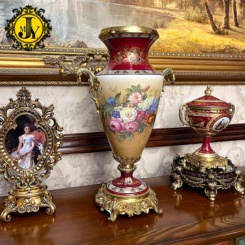美式别墅高端铜陶瓷大摆件欧式奢华精致玄关法式客厅软装饰品花瓶