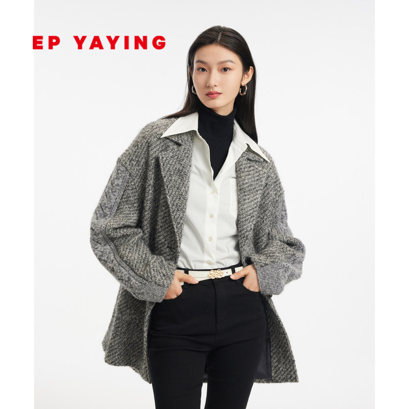 ep雅莹女装 小香风西装版中长款毛呢大衣外套 2022秋冬新款8503a