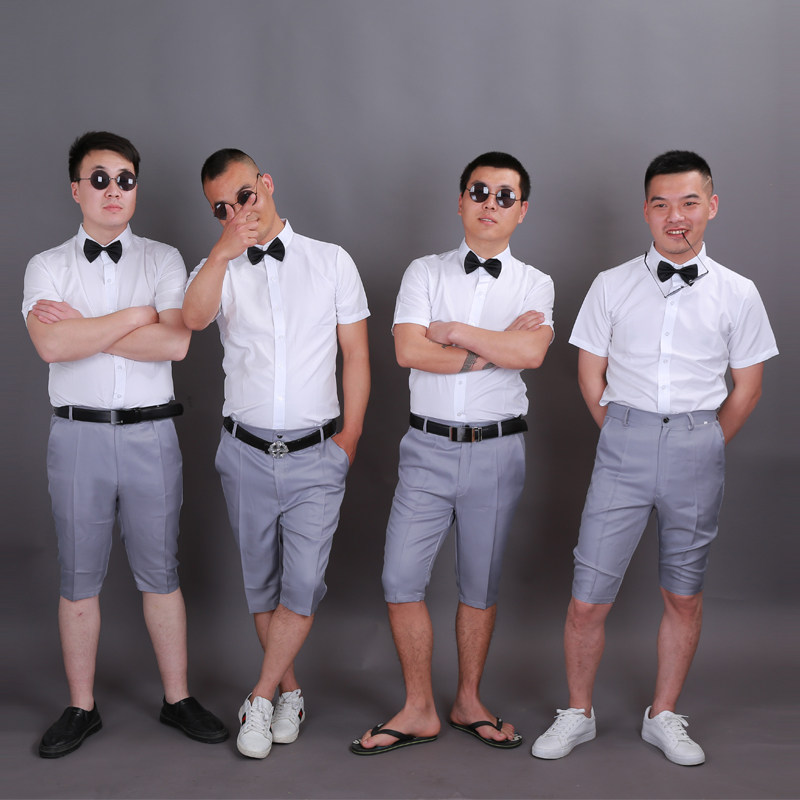 特价七分裤两件套男_夏季男短袖白衬衫七分短裤两件套装伴郎服兄弟团