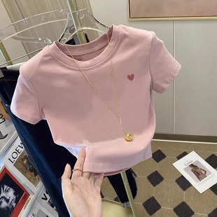 粉色圆领短袖T恤女2024新款夏季修身显瘦小个子纯棉印花短款上衣