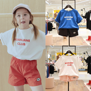 roanjane高端设计师儿童短袖套装韩国代购24夏季字母T恤+纯色短裤