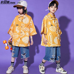 儿童街舞潮服演出服小学生男童hiphop表演服装潮牌印花衬衫套装夏