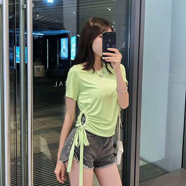 夏季2019新款韩版修身显瘦短袖设计感抽绳系带收腰纯色t恤上衣女|ruв категории животное/Животное питание и принадлежностей, одежды и аксессуаров для домашних животных, домашний костюм/плащ - от Buy2taobao.com для оказания профессиональной услуги покупки агента Taobao