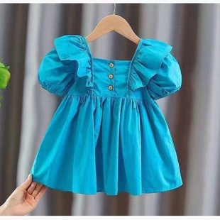 韩系女童连衣裙夏季24新款韩系童装洋气可爱女宝宝蓝色泡泡袖儿童