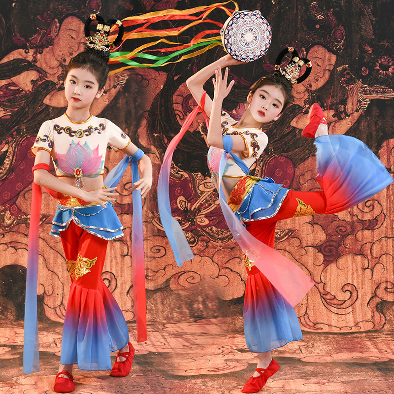 飞天乐鼓敦煌汉服舞蹈演出服女童妙音反弹琵琶铃鼓儿童古典舞服装