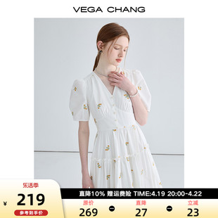 VEGA CHANG显瘦气质白色连衣裙女夏装2024年新款收腰法式桔梗裙子