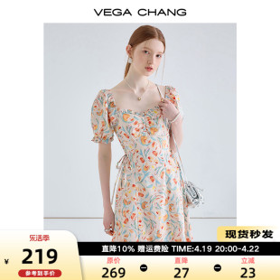 VEGA CHANG碎花连衣裙女2024夏新款方领法式茶歇裙度假风a字长裙