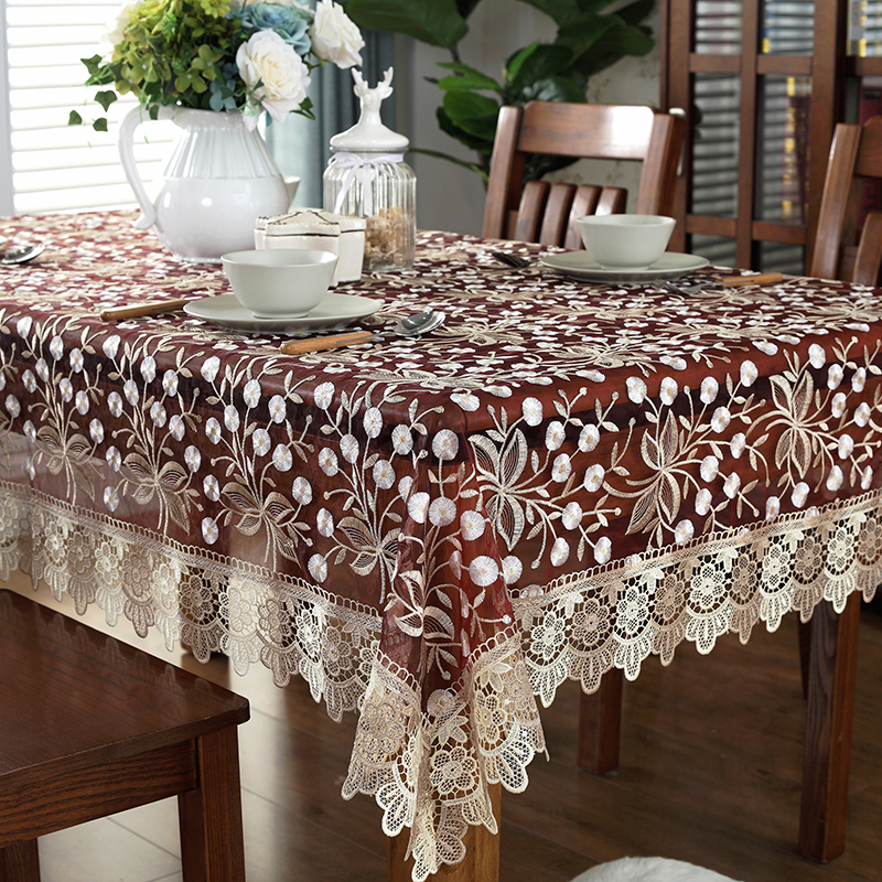 餐桌布布艺蕾丝家用中式长方形酒红色桌布咖色正方形台布圆形台布