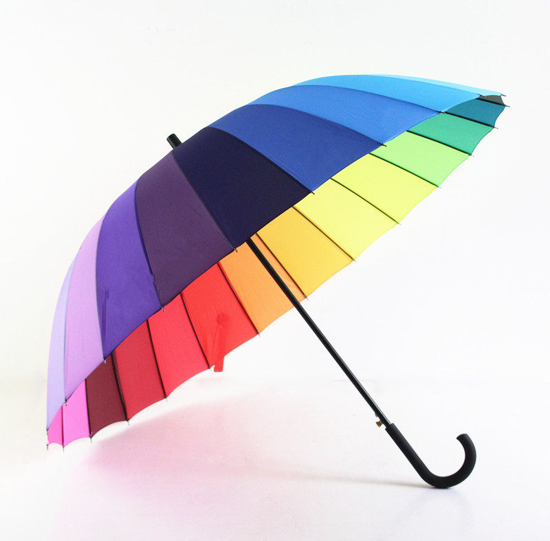 加固24骨彩虹伞_24骨超大彩虹三人双人大伞加固防风长柄晴雨伞彩色防