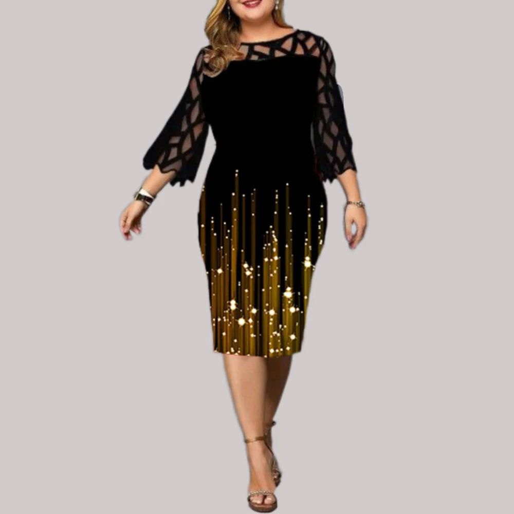 Women Plus Size Dress Hollow Out Lace Stitching Slim Hips Wr