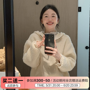 软软棉花糖～纯色连帽拉链宽松厚实保暖毛衣针织上衣女150小个子