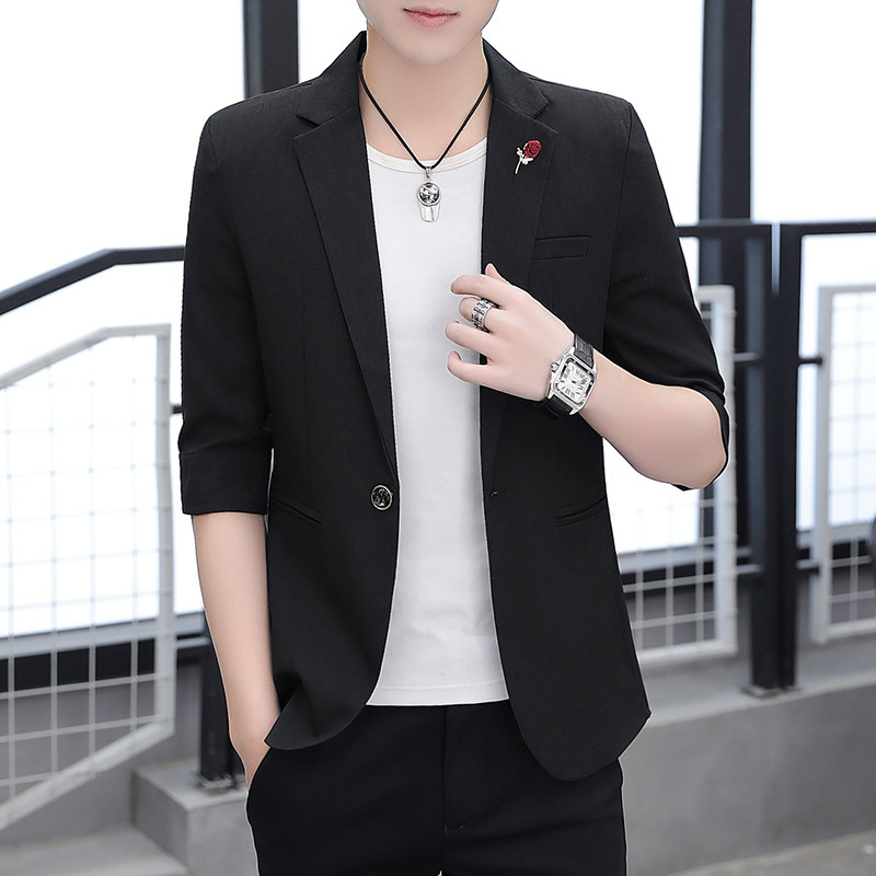 夏季男士休闲七分袖亚麻小西装韩版青年修身棉麻中袖西服外套帅气