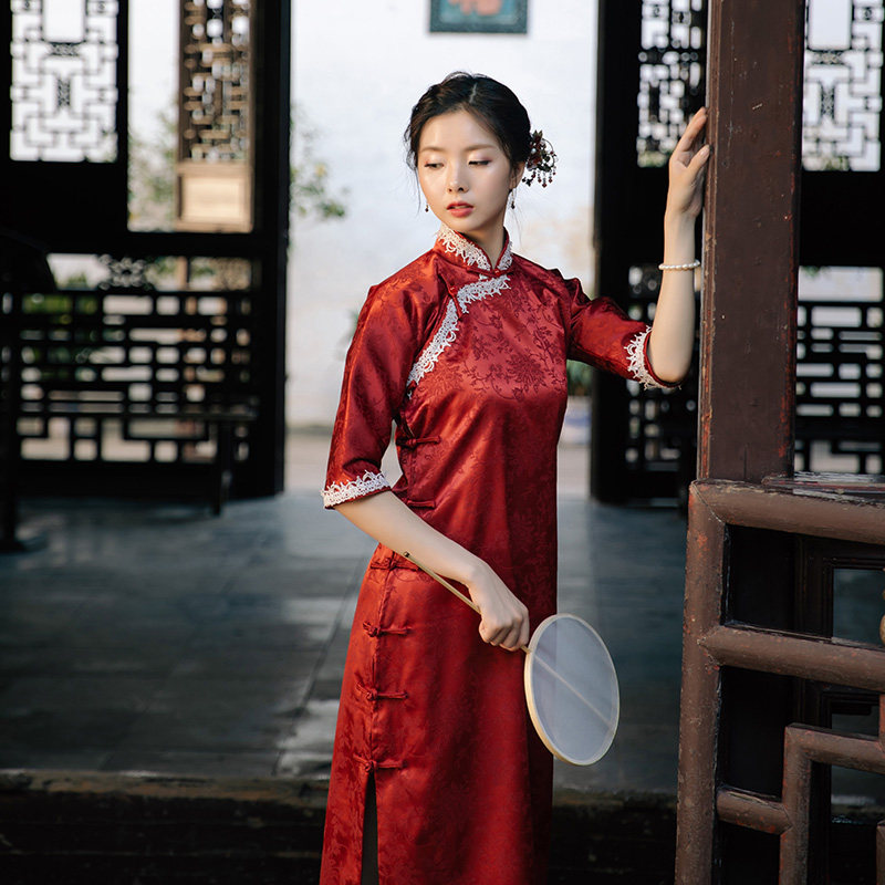 旗袍长款优雅中袖_花间辞 红色旗袍一片式优雅古风中袖民国全开襟秋冬
