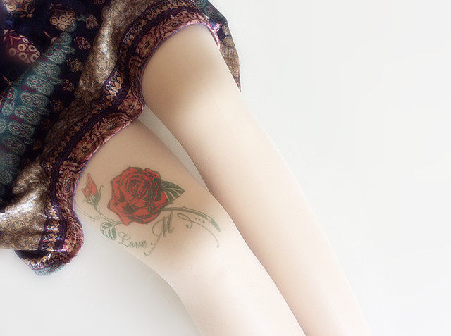 性感大腿玫瑰花朵印花丝袜假纹身刺青连裤袜超薄加档肉色打底袜女