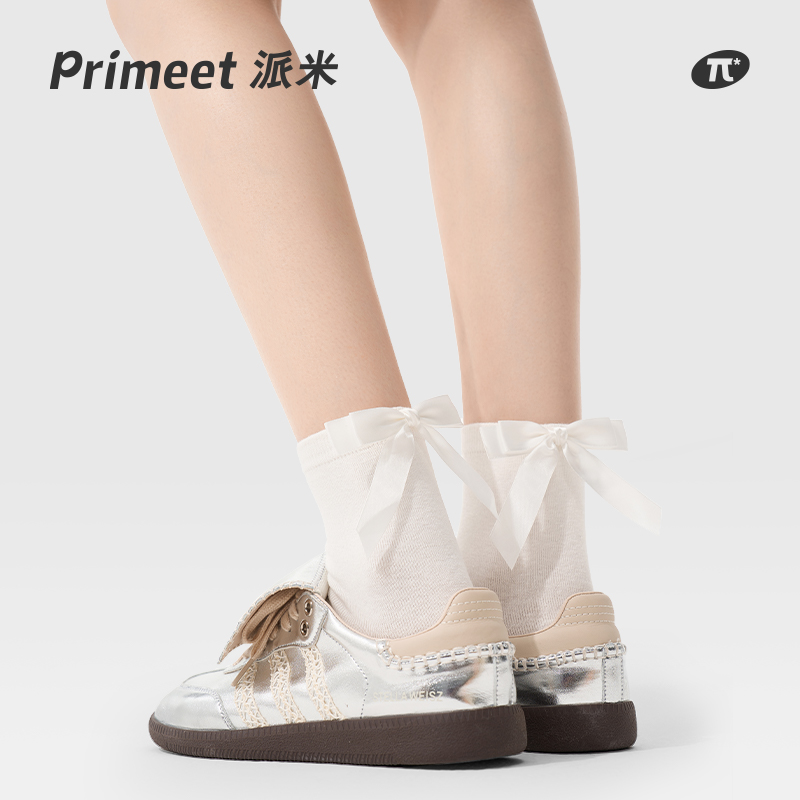 PRIMEET/派米蝴蝶结袜子女春秋白色中筒袜日系甜美小腿袜夏季棉袜