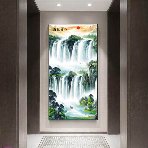 聚宝盆来财山水画财入户玄关正对d门流水生财灯画八方聚财挂画竖