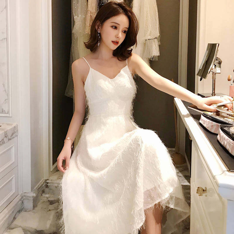 拉夏贝尔超仙v领吊带流苏裙子女士2021新款ins超火小个子连衣裙夏