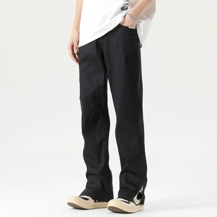 UNKNOWTAL 黑色裤脚拉链毛边设计牛仔裤弹力宽松直筒长裤Cleanfit