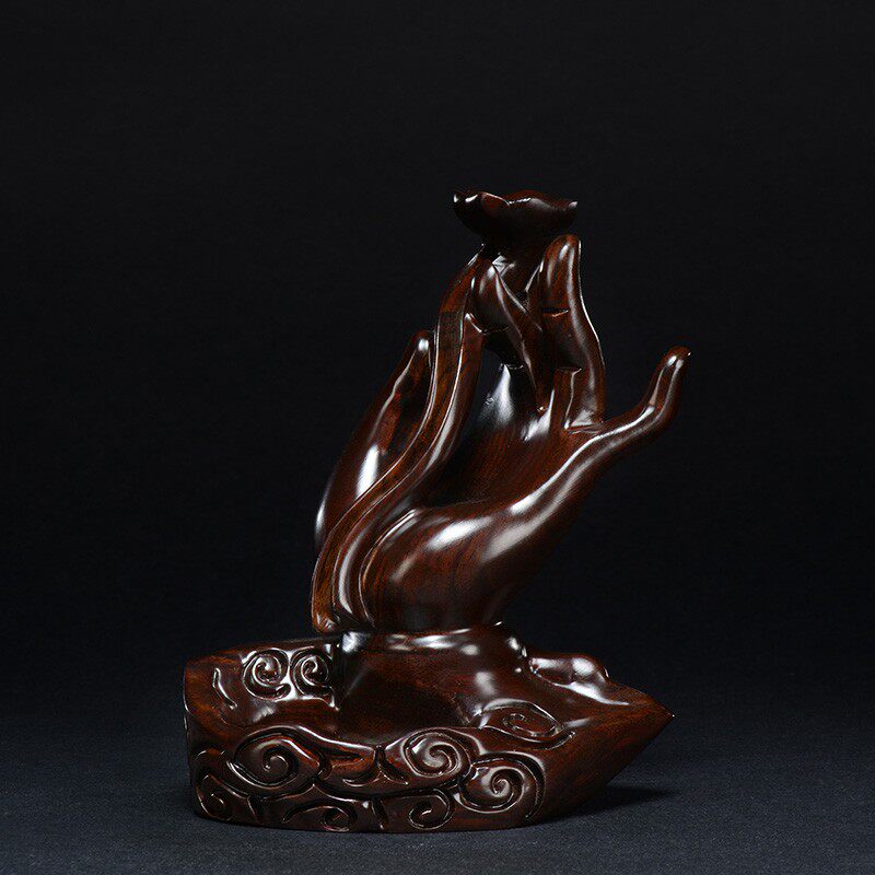 檀木木雕莲花佛手倒流流香檀香香熏香炉家居装饰木雕