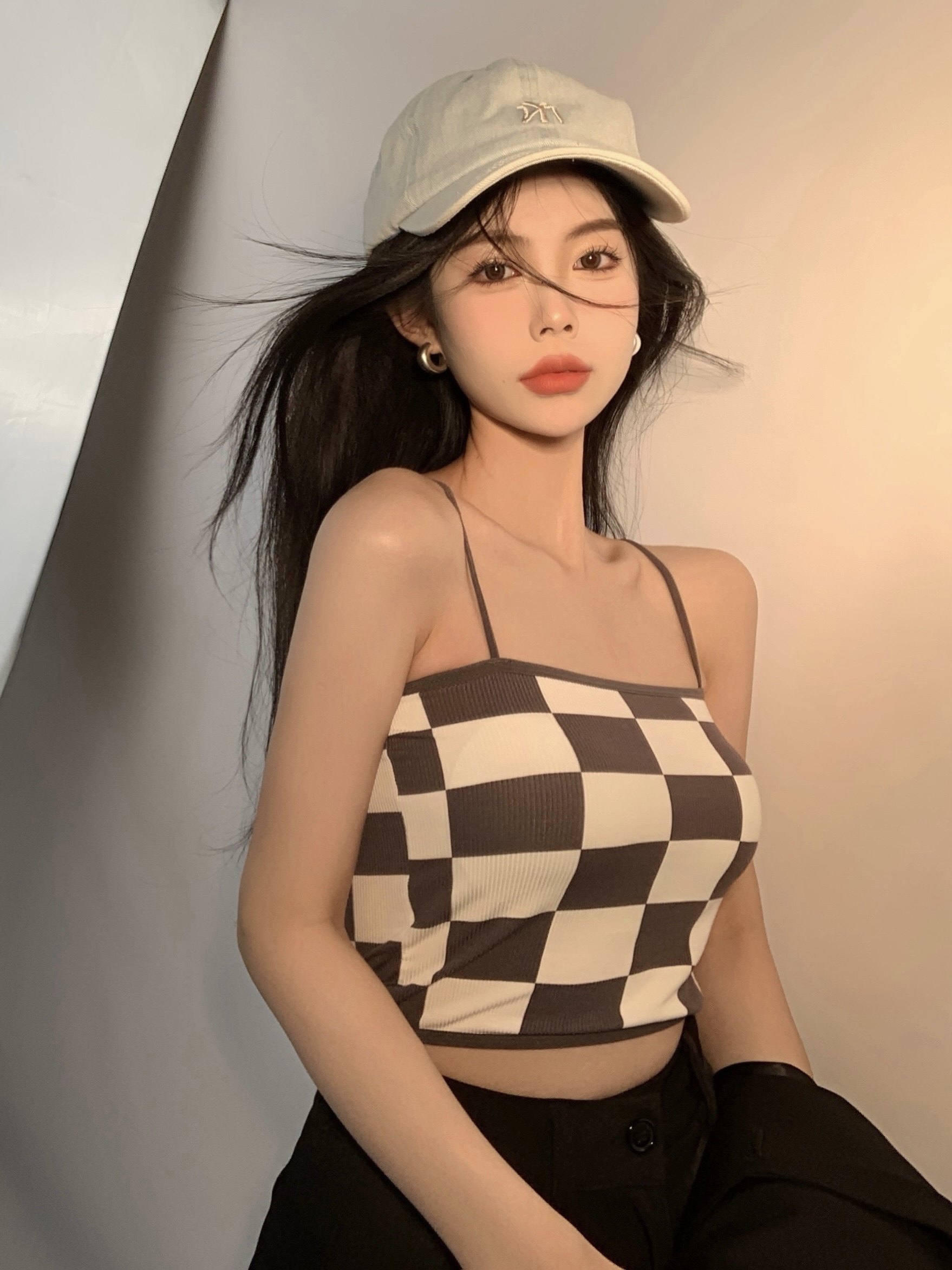 (今日10折)棋盘格吊带小背心女春季带胸垫外穿辣妹性感纯欲风内搭打底