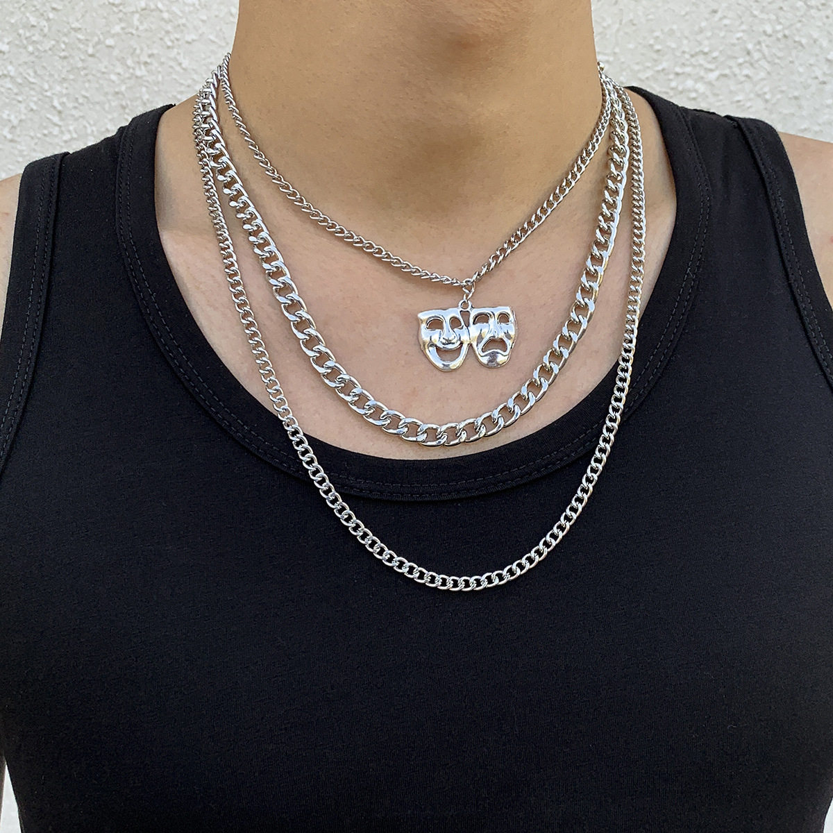 欧美热卖饰品时尚潮流嘻哈多层镂空笑脸面具吊坠个性朋克风项链