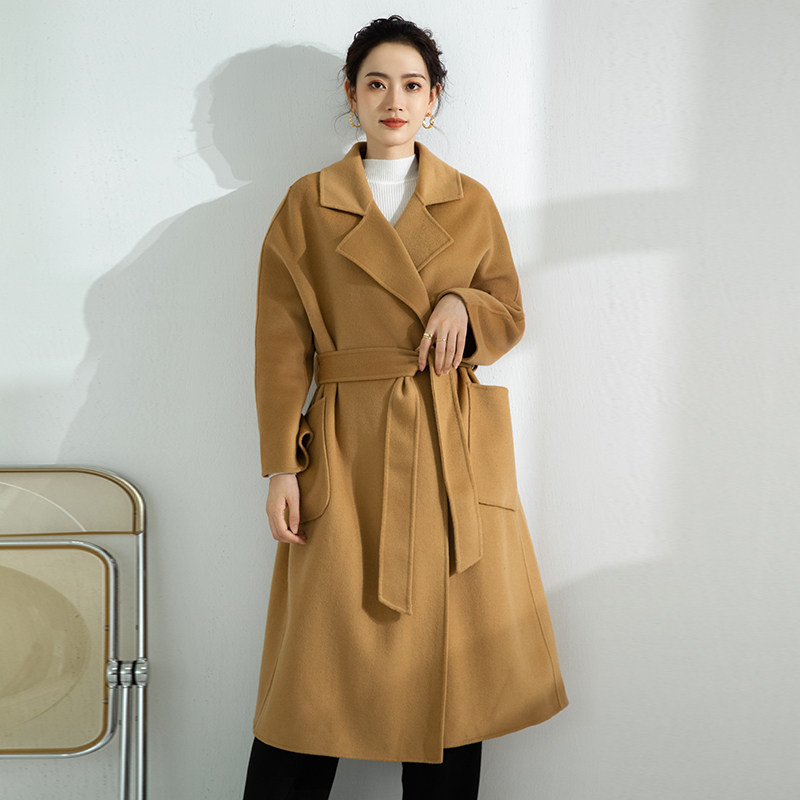 顾佳同款双面羊绒大衣女2020新款冬装中长款系带收腰宽版毛呢外套