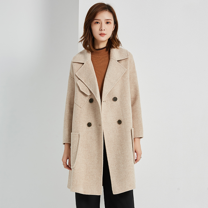 韵娅姿双排扣双面羊毛绒大衣女装中长款宽松休闲显瘦杏色毛呢外套