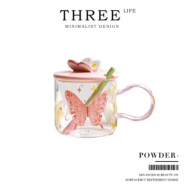 Tlife·Powder·杯具玻璃杯可爱少女心早餐杯耐高温带盖勺 | 粉蝶