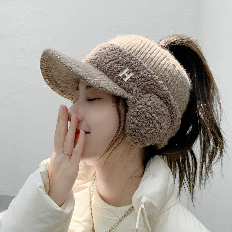 毛线帽子女秋冬季保暖空顶棒球帽加绒加厚护耳防寒骑车防风针织帽