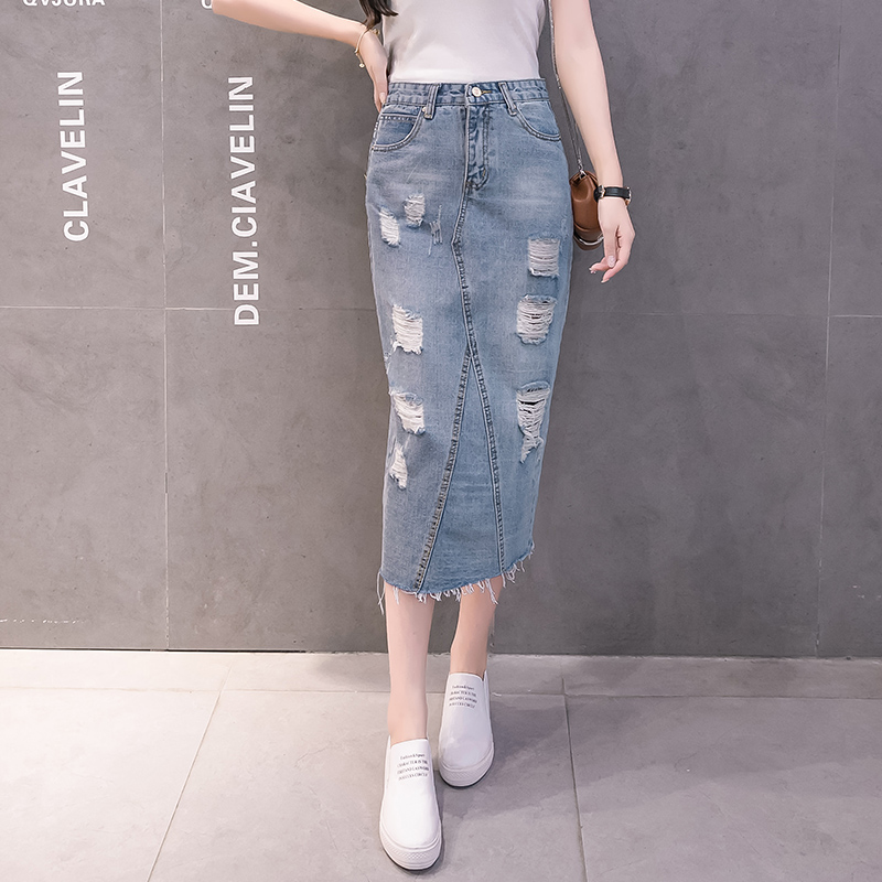 中长款高腰牛仔半身裙女2018春夏季破洞一步牛仔裙包臀长裙女裙子|ruв категории Женская одежда, юбка - от Buy2taobao.com для оказания профессиональной услуги покупки агента Taobao