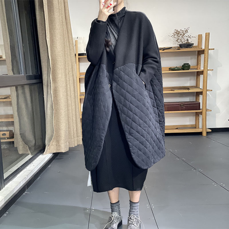 古与色 秋季韩版拼接超宽松显瘦v领长袖中长款羊绒毛呢大衣外套女