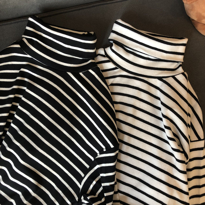 黑白条纹高领打底衫女2022春秋冬韩版内搭长袖t恤堆堆领上衣服潮