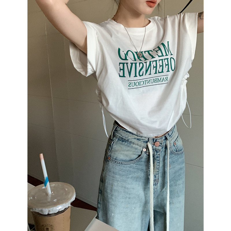 美式辣妹正肩短袖T恤女夏季2024新款抽绳设计感宽松显瘦短款上衣
